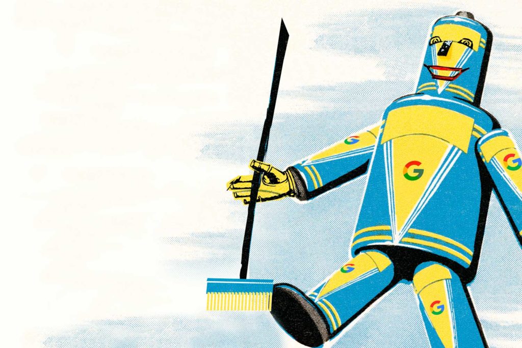 Robot and broom illustrate how to Index the pages of your site in the right way for the best SEO experience