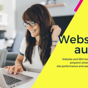 Website performance and content audit product $350 photo of woman looking at laptop smiling